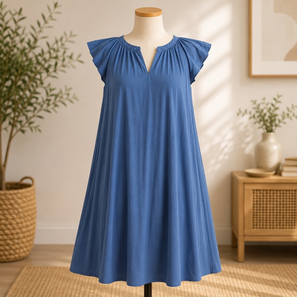 NWT Cupshe Mini Dress Womens L Blue Flutter Sleeve V-Neck Flowy Beach Cover Up